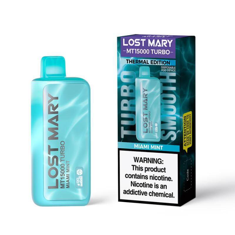 Lost Mary MT15000 Turbo vape in Miami Mint flavor with thermal edition packaging, showcasing a sleek blue design.