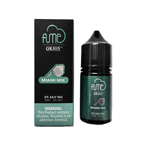 Fume Salt Nic Miami Mix 5% e-liquid, 30ml bottle, featuring a sleek design and a warning about nicotine.