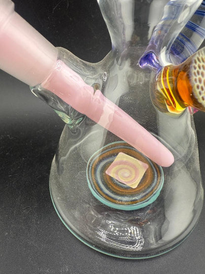 Brando Glass Mini Beaker - Line Worked Horn & Honeycomb Millie w/ Pink Downstem 10mm 45°