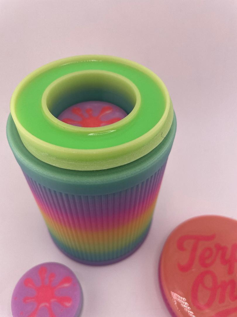 Kandy Custom 3-D Prints Terp Jar Cooler storage accessory with rainbow design and silicone lid.