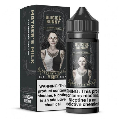 Suicide Bunny Mother's Milk E-liquid 120ml bottle with packaging, featuring strawberry custard flavor.