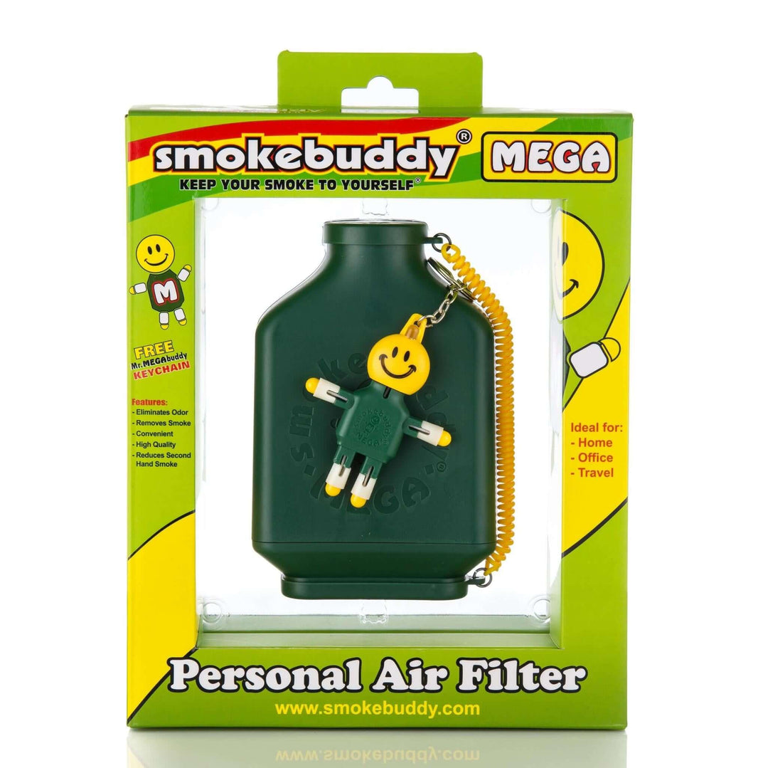 Smokebuddy MEGA personal air filter packaging with keychain character, ideal for home, office, and travel use.