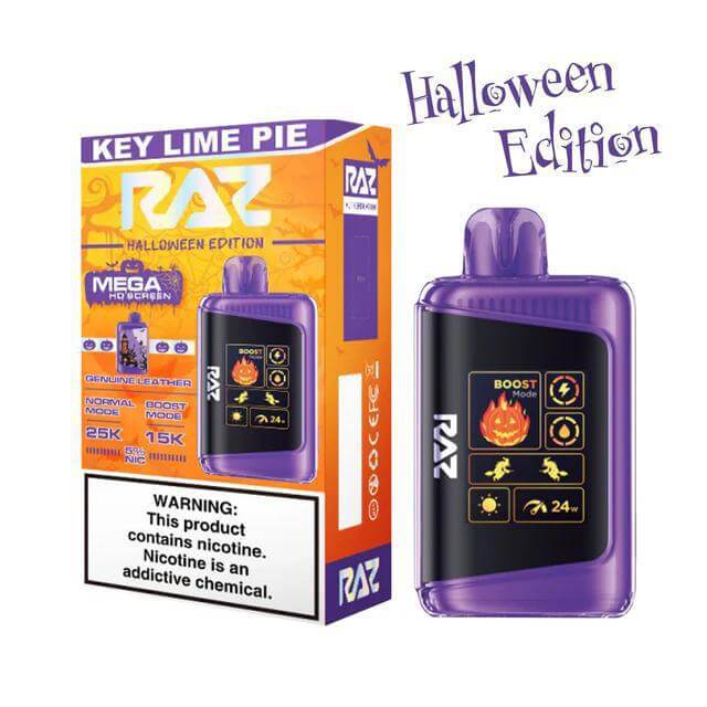 Raz 25 Halloween Edition vape device with Key Lime Pie flavor, featuring bright packaging and specifications.