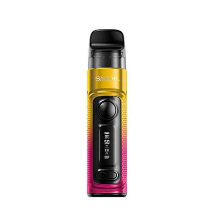 Smok RPM C Kit in vibrant yellow and pink with digital display, offering up to 50W power for a superior vaping experience.