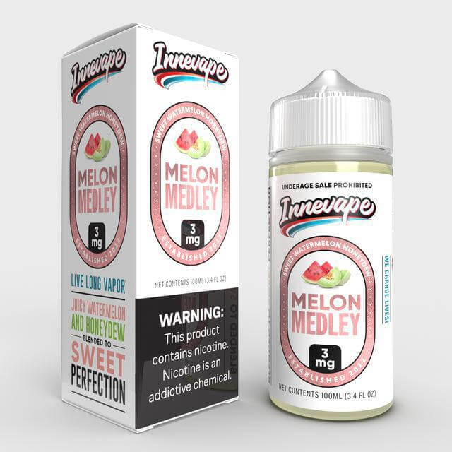 Innevape 100ml Melon Medley e-liquid bottle and packaging showcasing juicy watermelon flavor.