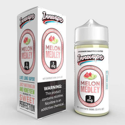 Innevape 100ml Melon Medley e-liquid bottle and packaging showcasing juicy watermelon flavor.