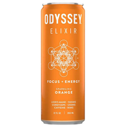 Odyssey Mushroom Elixir Core Sparkling Energy Drink can in vibrant orange flavor with 85mg caffeine and mushroom extracts.