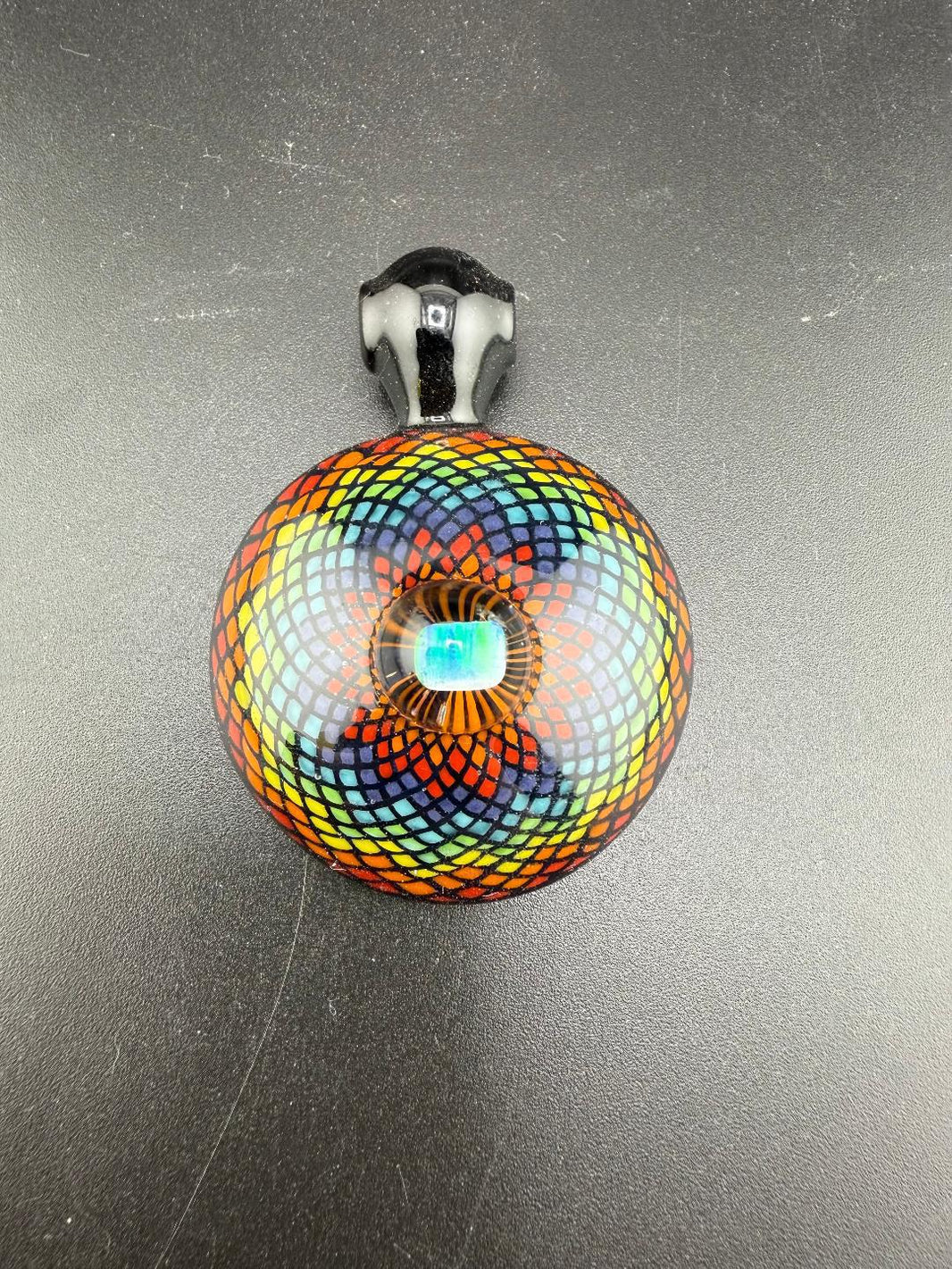 Handcrafted Mcdoogle Glass Rainbow Fillacello Pendant featuring vibrant fillacello pattern in Spokane, WA.
