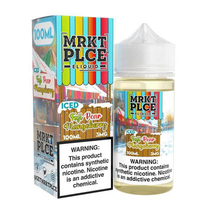 MRKT Place ICED 100ml eJuice bottle with vibrant packaging featuring tasty mango and pear flavors.