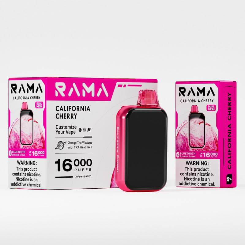 RAMA 16000 Disposable Vape California Cherry package with device, features customizable wattage and 16,000 puffs.