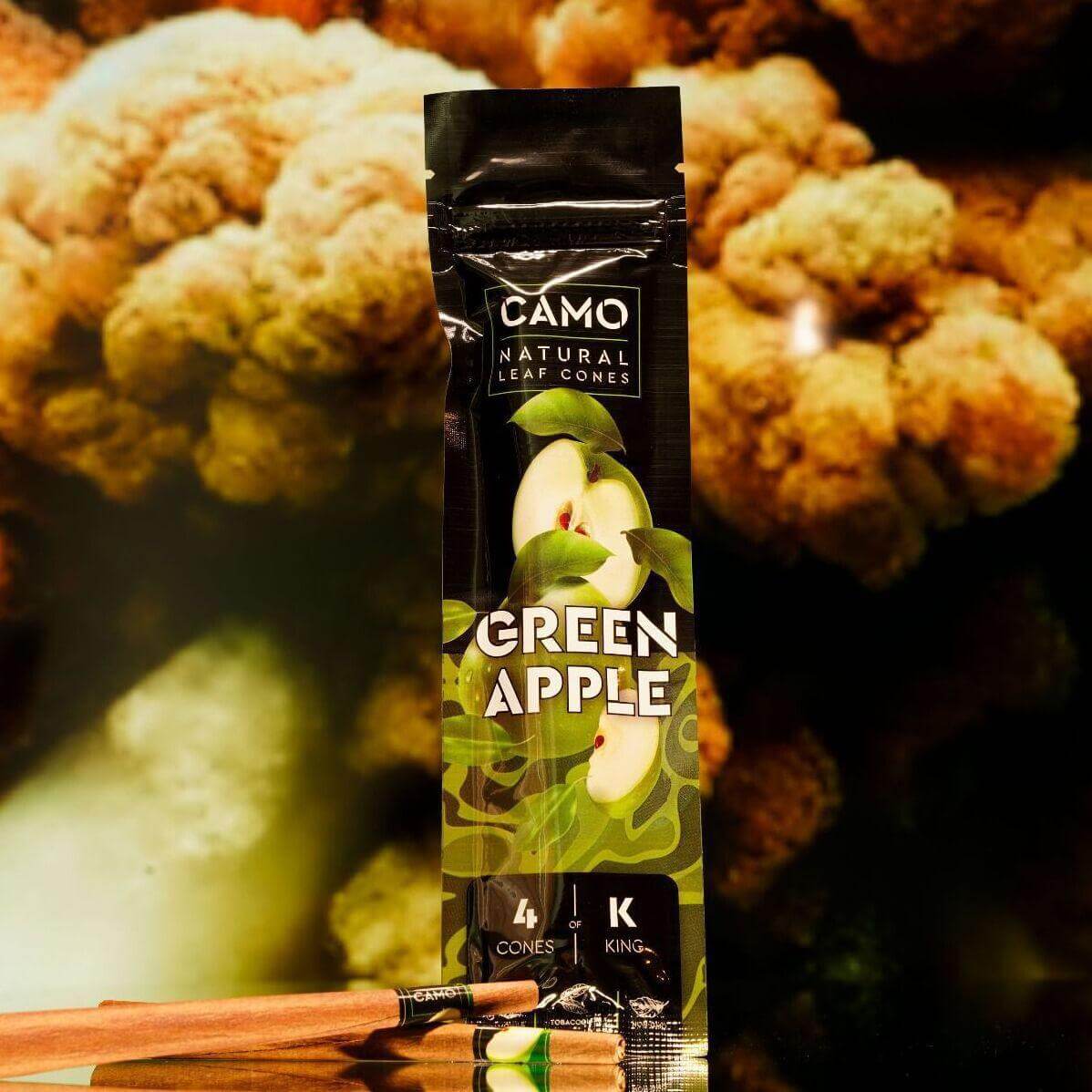 CAMO Natural Leaf Cones Green Apple King Size pack with premium pre-rolled cones on a textured background.