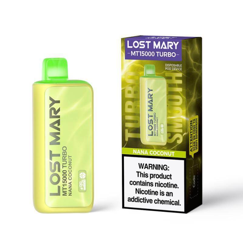 Lost Mary MT15000 Turbo vape in Nana Coconut flavor, featuring a vibrant yellow design and a disposable box.