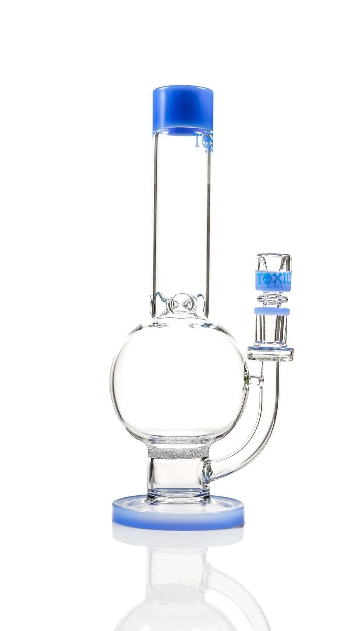 Toxic Frit Perc 12" Globe water pipe with blue accents, 5mm thick glass, and fritted percolator for smooth hits.