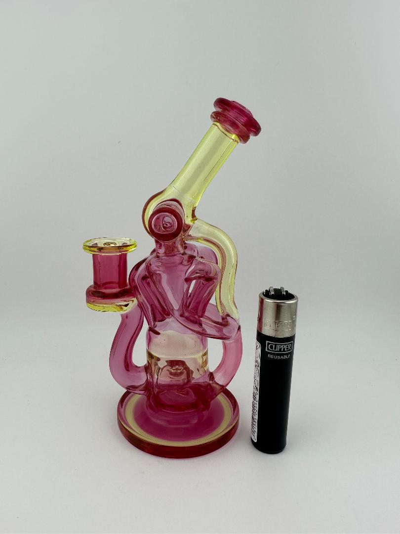 Domer Glass Golden Ruby Illuminati UV 10mm Recycler That Looks Expensive Spokane Washington Domer double Facing Left