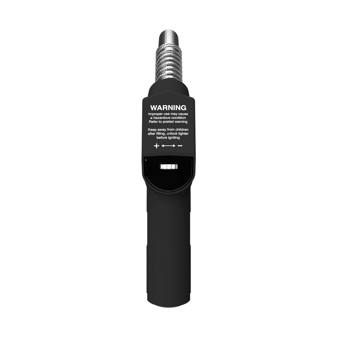 Fyre Gas Pump Butane Torch with retro design and safety warning label, perfect for themed events and collection.