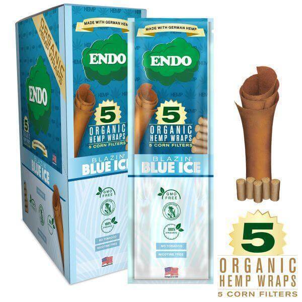 Endo Organic Hemp Wraps 5pc box featuring Blazin' Blue Ice flavor and corn filters for a natural smoking experience.