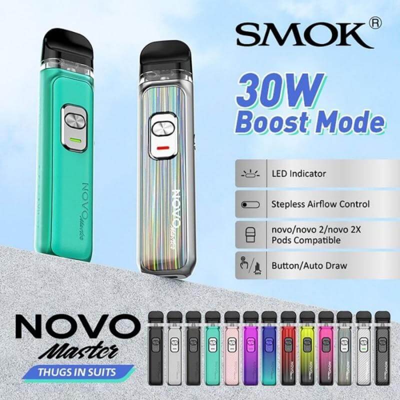 Smok Novo Master Kit showcasing sleek designs, 30W boost mode, LED indicator, and stepless airflow control compatibility.