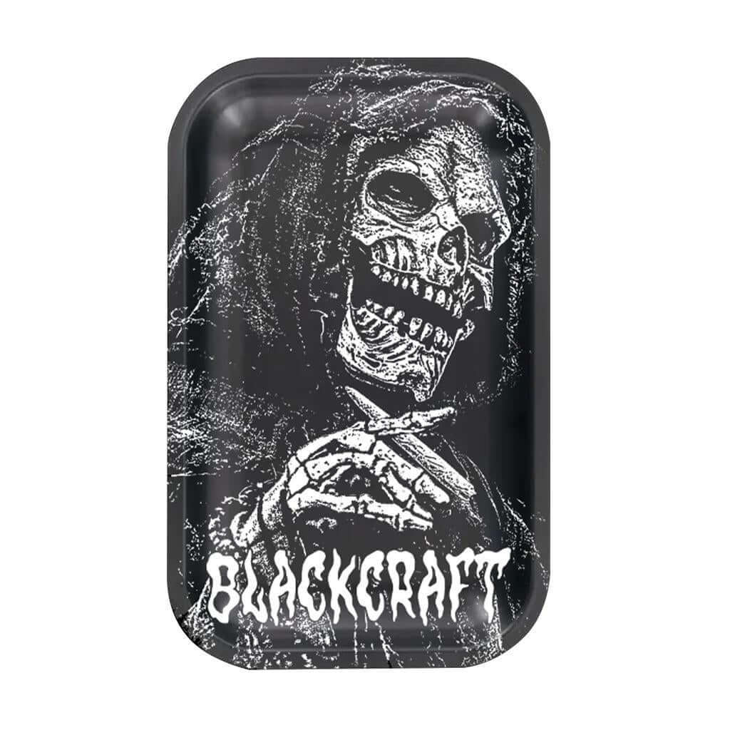 Mini metal rolling tray with a grim reaper design, perfect for on-the-go smoking.