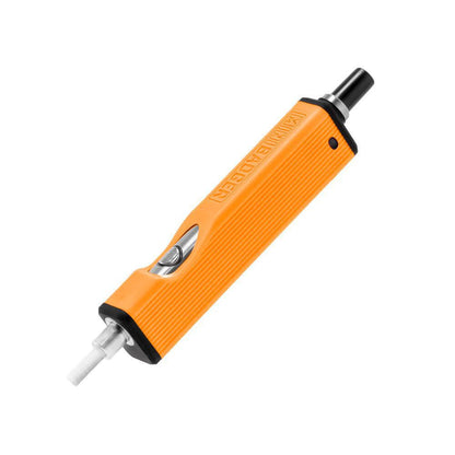Huni Badger Mini portable device in vibrant orange, featuring a ceramic heating tip for flavorful vaping.