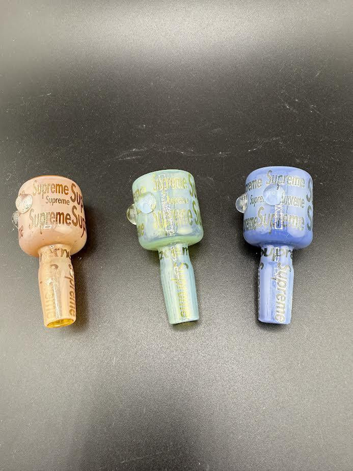 14mm Supreme Bowl set featuring three colorful glass bowls in orange, green, and blue with Supreme branding.