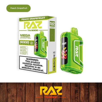 Raz TN9000 Disposable Vape in Peach Grapefruit flavor with 12mL e-liquid and 5% nicotine strength.