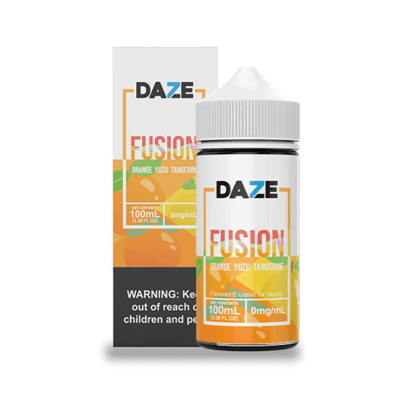Daze Fusion 100ml e-liquid in Orange Yuzu Tangerine flavor, showcasing citrus blend and nicotine options.