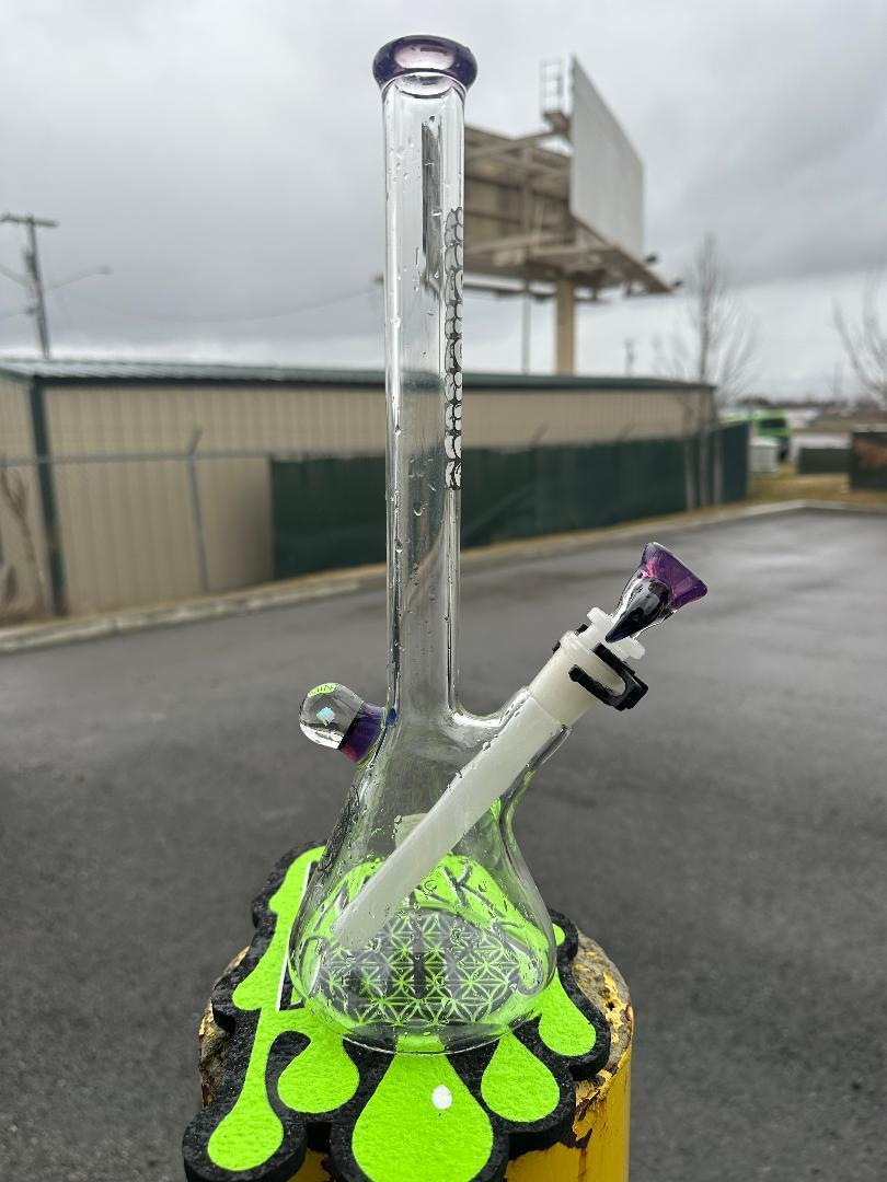 HighGrade Glass Flower Beaker - Simple Color Accent w/ Sacred Geometry Bake On, Marble Attachment and 4 Hole Slide