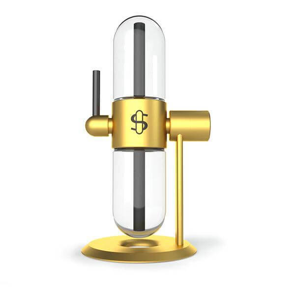 Stündenglass Gravity Infuser in gold with 360° rotation for enhanced smoking and vaporization experience.