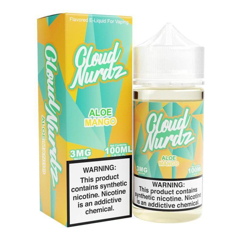 Cloud Nurdz Aloe Mango 100ml e-liquid bottle and box with warning label, offering sweet fruity vaping flavor.