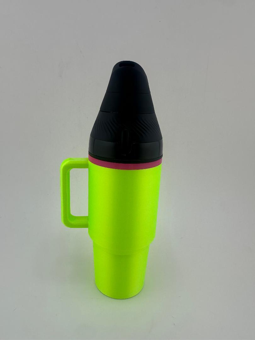3D printed Puffco Proxy Core mug in bright yellow with pink rim and black top, designed for unique setups.