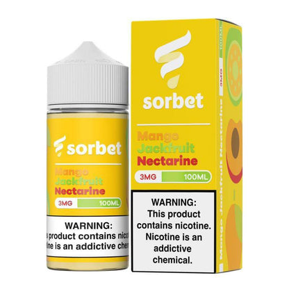 Sorbet Pop 100ml vape juice bottle and packaging featuring Mango Jackfruit Nectarine flavor with warning label.