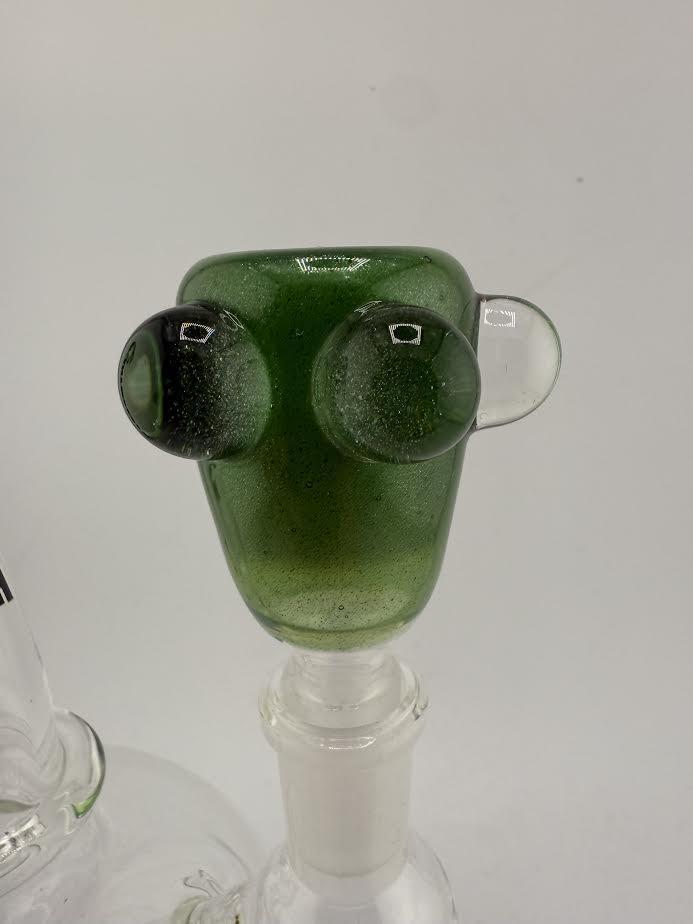 Crondo Glass Split Color Bowl 14mm showing vibrant green color with unique eye-like features, handcrafted in Washington.