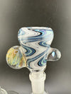 Highgrade Heady Slide bowl with swirled blue and white patterns, showcasing unique handcrafted glass artistry.