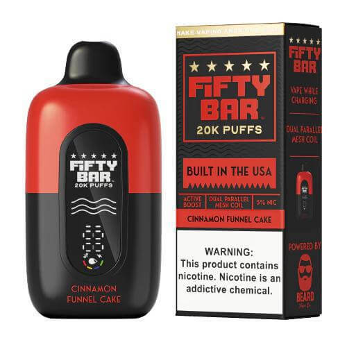 Fifty Bar 20K Disposable vape in Cinnamon Funnel Cake flavor with 5% nicotine and high-performance features.