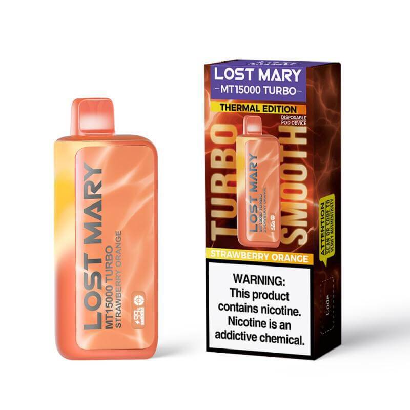 Lost Mary MT15000 Turbo Nicotine Vape in Strawberry Orange flavor with Thermal Edition packaging.