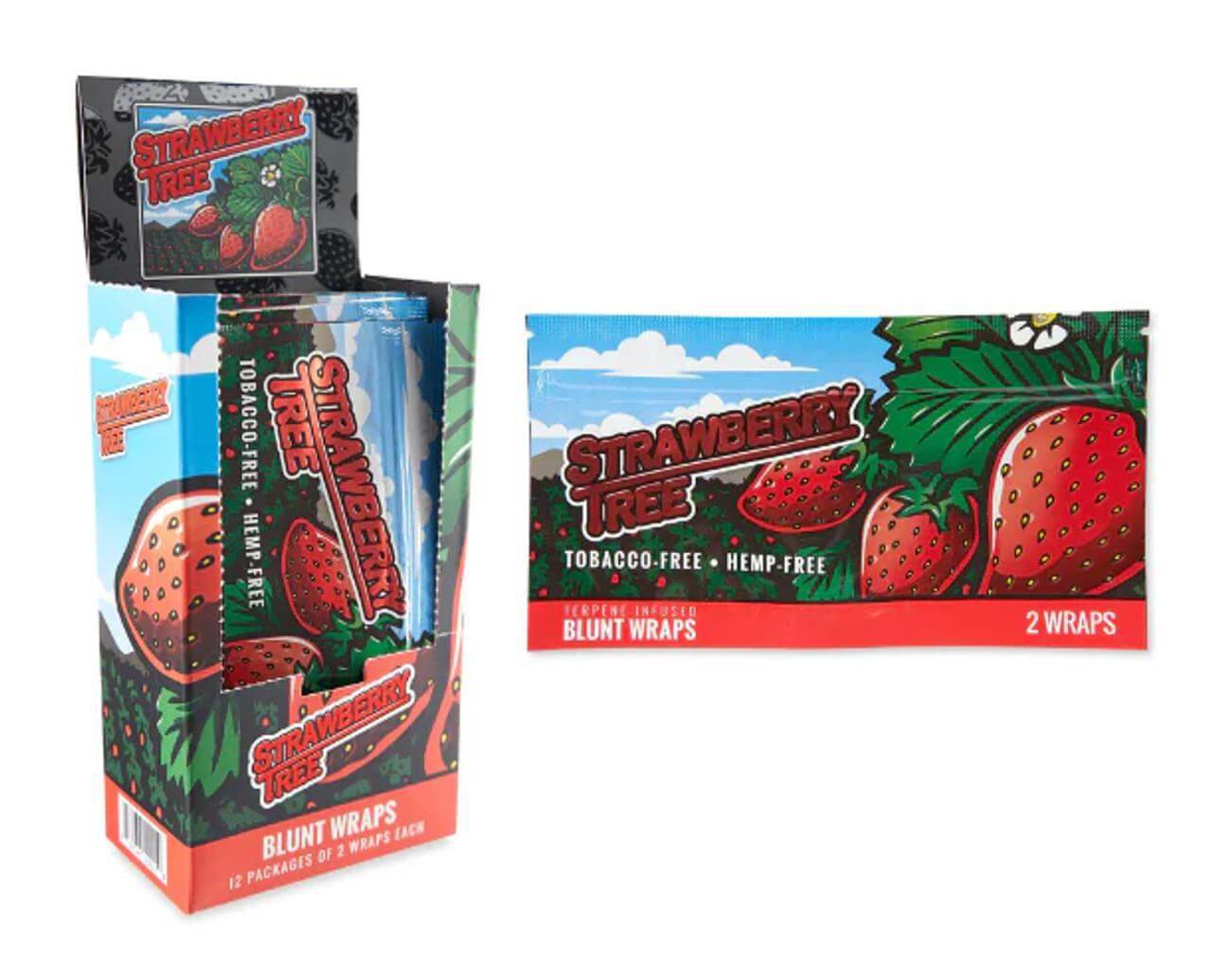 Strawberry Tree Blunt Wraps package featuring 2 tobacco-free hemp wraps with strawberry design.