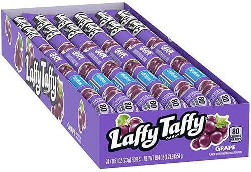 Box of Laffy Taffy Ropes in grape flavor, featuring rich fruity taste and chewy texture for a delightful candy experience.