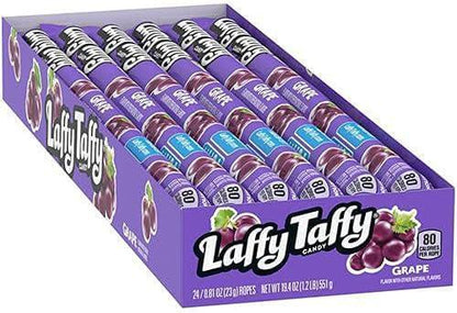 Box of Laffy Taffy Ropes in grape flavor, featuring rich fruity taste and chewy texture for a delightful candy experience.