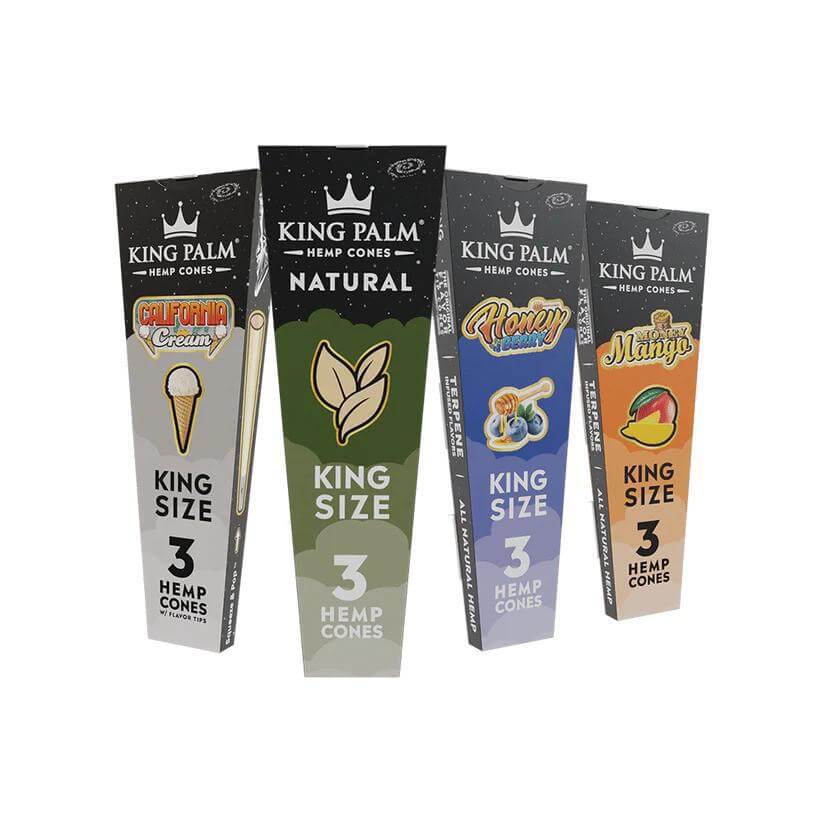 King Palm Hemp Cones in King Size featuring California Cream, Natural, Honey, and Money Mango flavors.