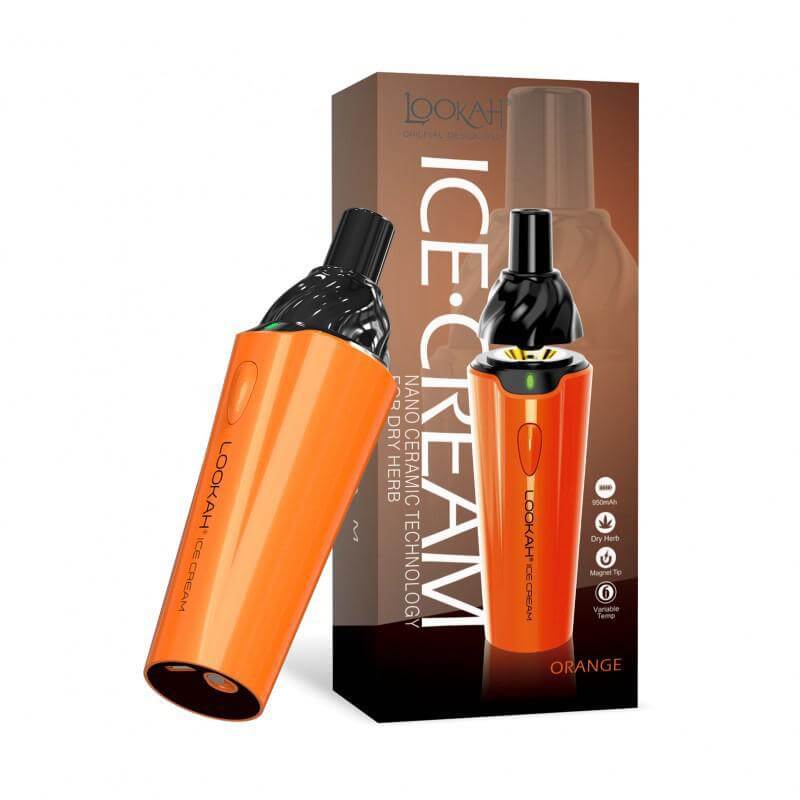 LOOKAH Ice Cream Cone dry herb vaporizer in orange with packaging, perfect for discreet and portable vaping.