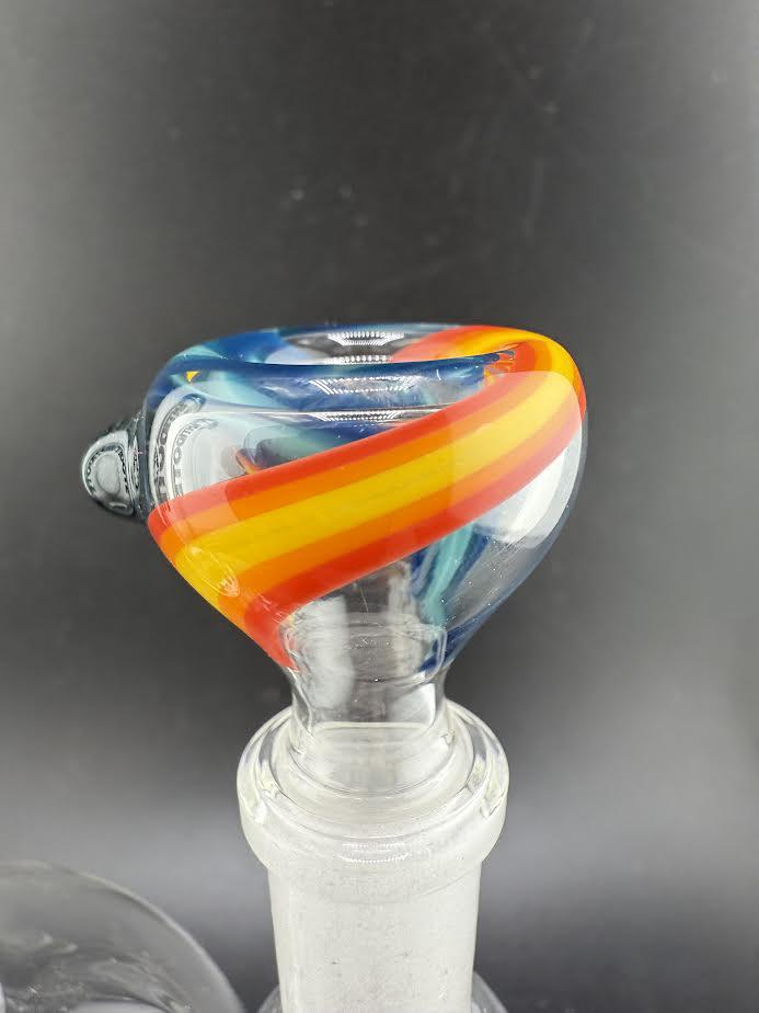 Colorful Filla John Glass Basic Wig Wag 14mm bowl piece with blue and orange swirl design, showcasing vibrant wig wag linework.