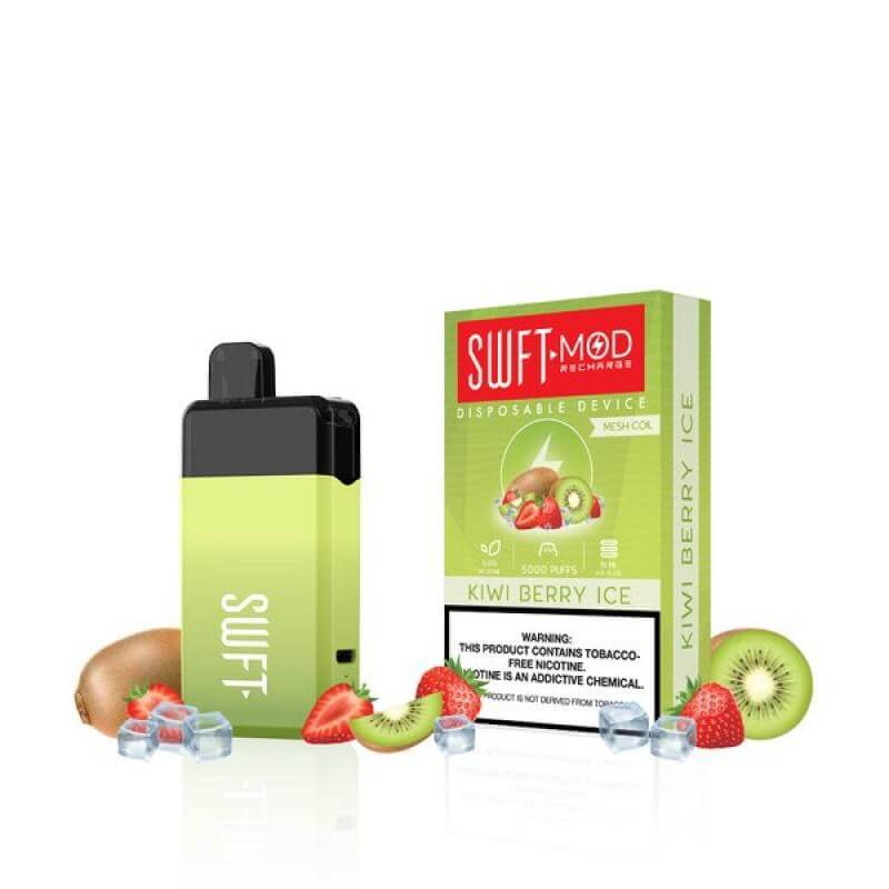 SWFT Mod 5k Disposable Vape Kiwi Berry Ice flavor with kiwi and strawberry on ice.