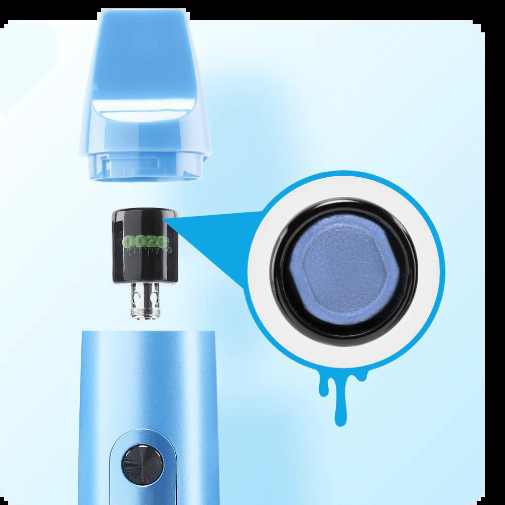 Ooze Booster Extract Vaporizer Arctic Blue with Onyx Atomizer and ceramic core highlighting efficient heat for easy cleaning.