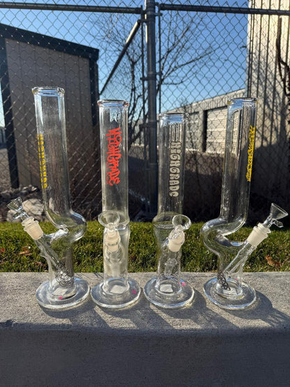 Highgrade Glass Flower Straight Tube - Pistol Loop Straight w/ Sacred Geometry Bake On 14mm 45°