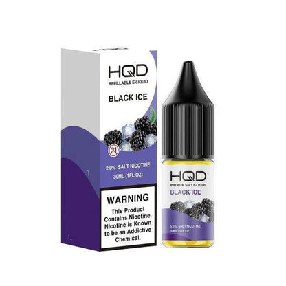 HQD Premium Salt E-Liquid Black Ice flavor in 30ml bottle with 2.0% nicotine strength, designed for smooth vaping.