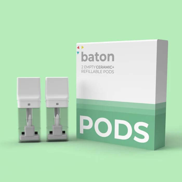 Baton Ceramic+ refillable pods with packaging, ideal for vaping extracts and e-liquids.