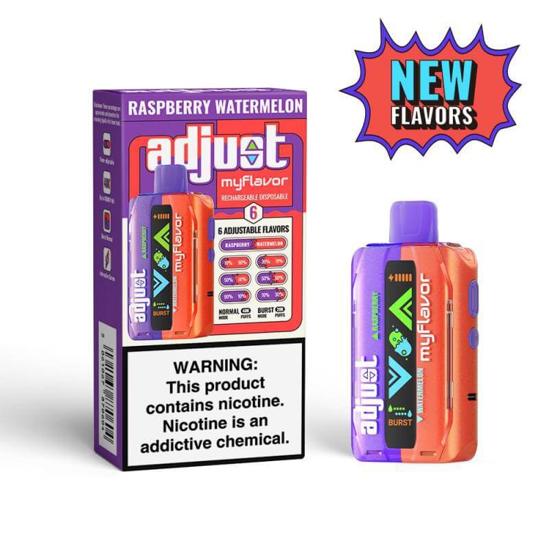 Adjust MyFlavor Disposable Nicotine Vape featuring Raspberry Watermelon flavor and customizable settings.