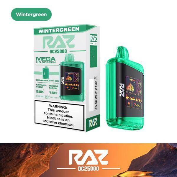 Raz 25 Disposable Nicotine Vape in Wintergreen flavor with HD screen and sleek design, featuring 25K puffs and warning label.