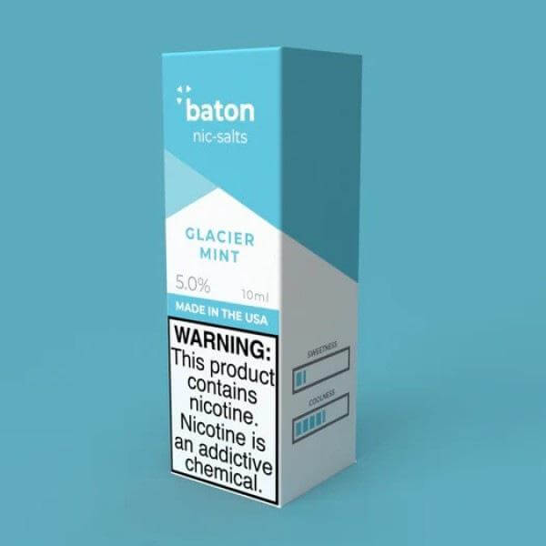 Baton Salts 10ml e-liquid packaging for Glacier Mint flavor with nicotine warning and 5.0% strength.