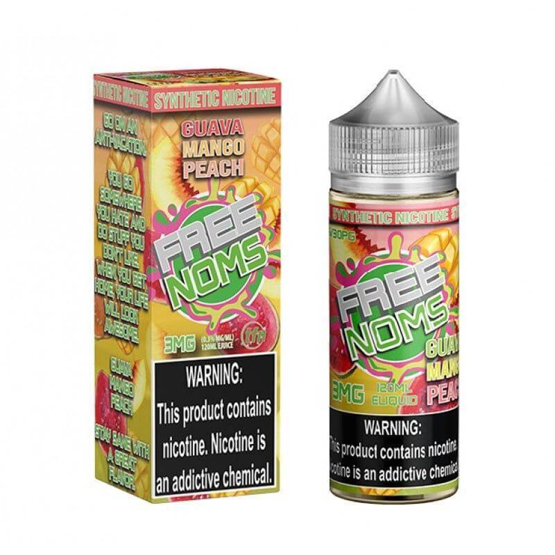 NOMS 120ml e-liquid bottle and packaging featuring Guava, Mango, and Peach flavors, highlighting premium vaping experience.